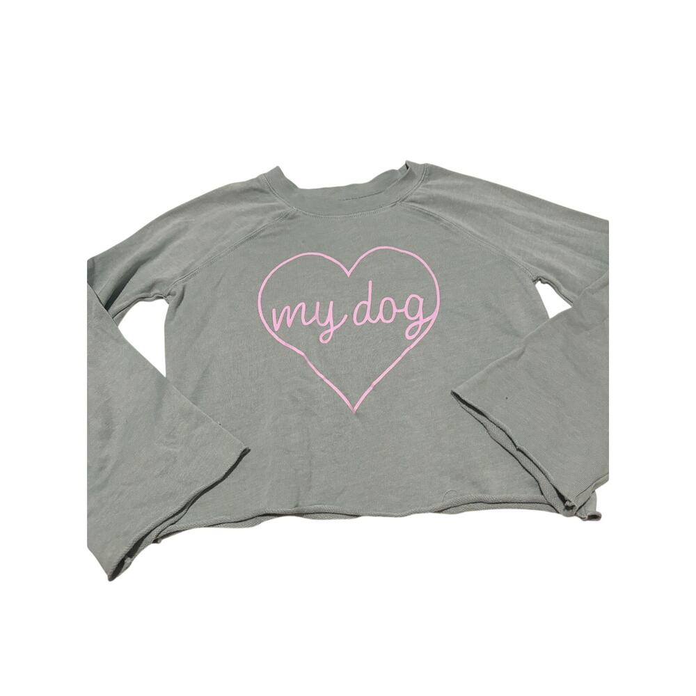 Harper & Elliot M sage green pink heart dog lover French Terry sweatshirt euc